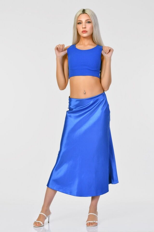 Kaktüs Kaşkorse Kumaş Halter Yaka Kolsuz Kadın Crop Bluz  - Saks Mavisi