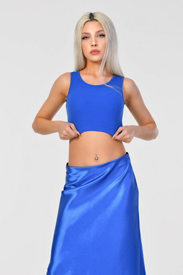 Kaktüs Kaşkorse Kumaş Halter Yaka Kolsuz Kadın Crop Bluz  - Saks Mavisi