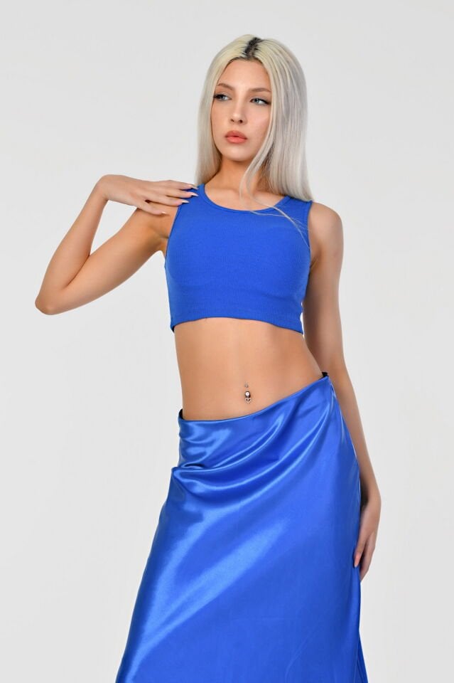 Kaktüs Kaşkorse Kumaş Halter Yaka Kolsuz Kadın Crop Bluz  - Saks Mavisi