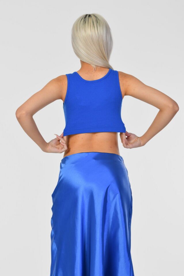 Kaktüs Kaşkorse Kumaş Halter Yaka Kolsuz Kadın Crop Bluz  - Saks Mavisi Saks Mavisi - Standart