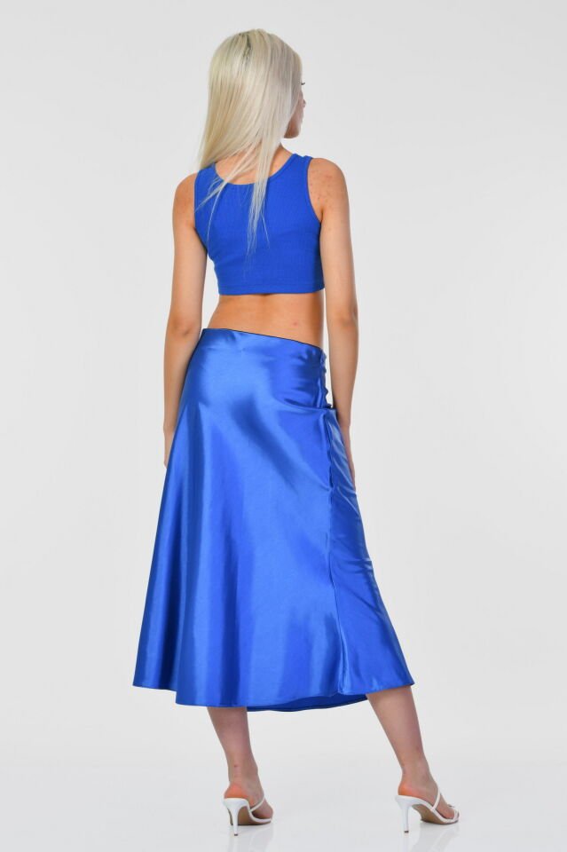 Kaktüs Kaşkorse Kumaş Halter Yaka Kolsuz Kadın Crop Bluz  - Saks Mavisi Saks Mavisi - Standart