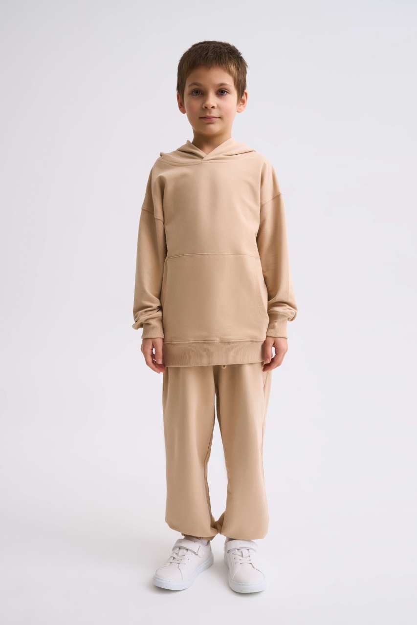 Organik Kapüşonlu Uzun Kollu Erkek Çocuk Sweatshirt - Bej Bej - 10-12