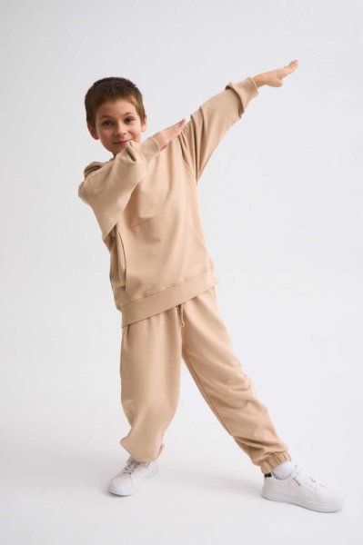 Organik Kapüşonlu Uzun Kollu Erkek Çocuk Sweatshirt - Bej Bej - 10-12