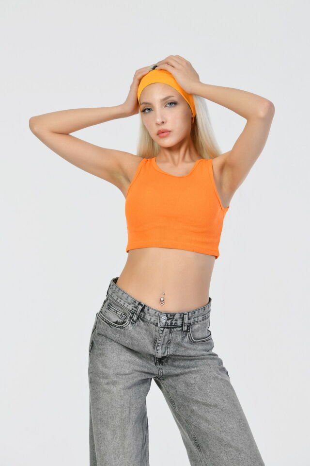 Kaktüs Kaşkorse Kumaş Halter Yaka Kolsuz Kadın Crop Bluz  - Oranj