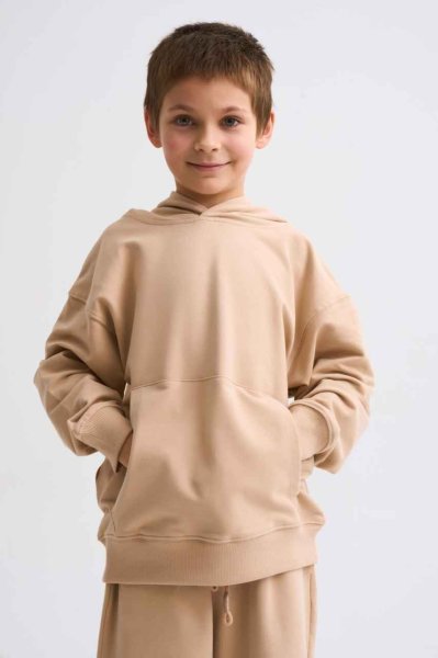 Organik Kapüşonlu Uzun Kollu Erkek Çocuk Sweatshirt - Bej Bej - 12-14