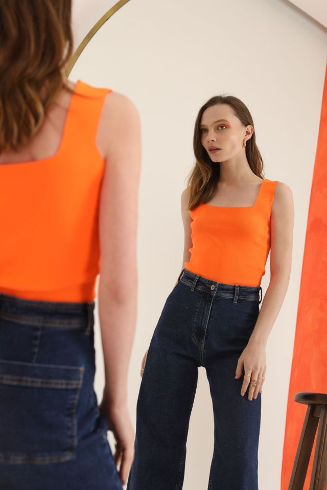 Kaktüs Triko Kumaş Kare Yaka Kadın Crop  - Oranj