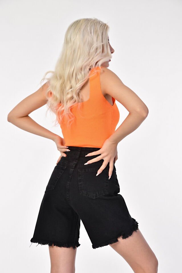 Kaktüs Triko Kumaş Kare Yaka Kadın Crop  - Oranj ORANJ - Standart