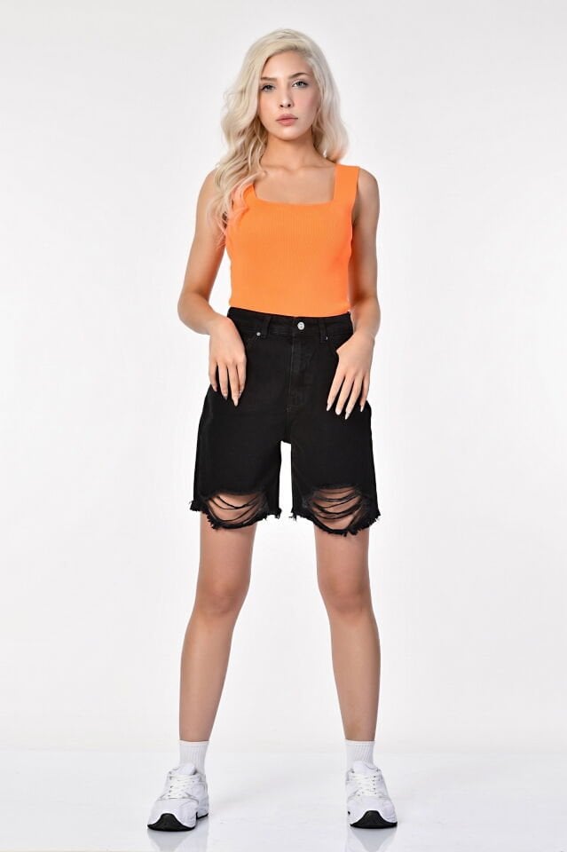 Kaktüs Triko Kumaş Kare Yaka Kadın Crop  - Oranj