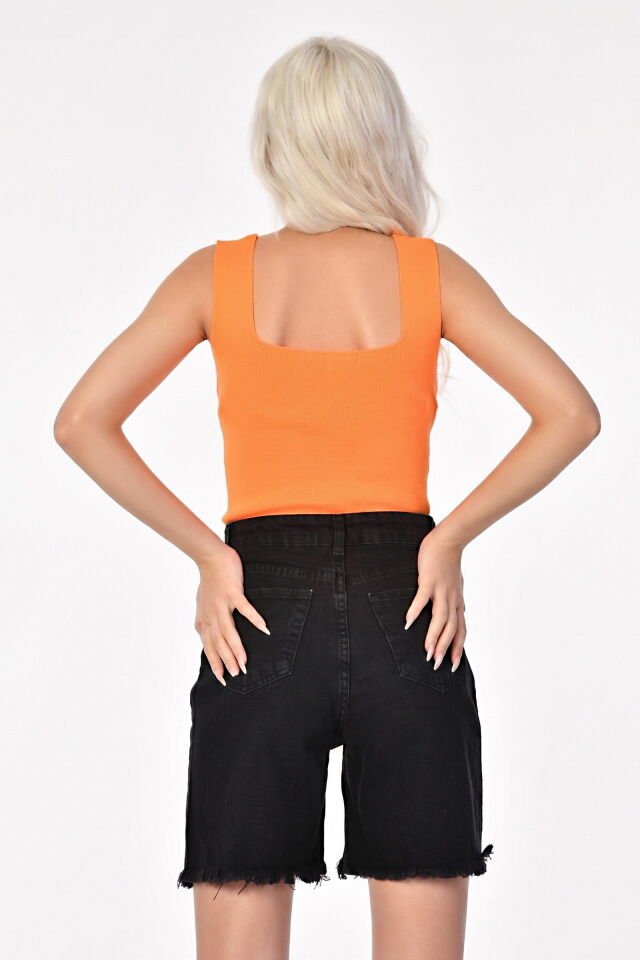 Kaktüs Triko Kumaş Kare Yaka Kadın Crop  - Oranj ORANJ - Standart