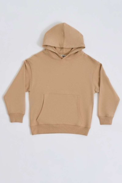 Organik Kapüşonlu Uzun Kollu Erkek Çocuk Sweatshirt - Bej Bej - 8-10