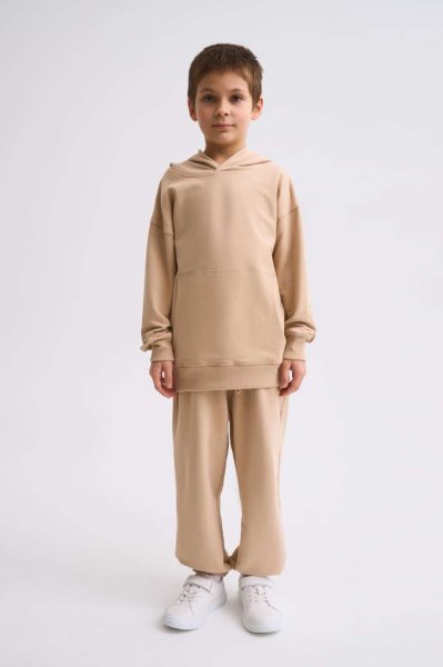 Organik Kapüşonlu Uzun Kollu Erkek Çocuk Sweatshirt - Bej Bej - 8-10