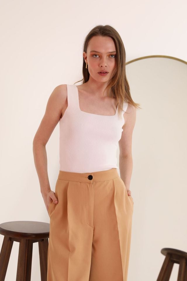 Kaktüs Triko Kumaş Kare Yaka Kadın Bluz  - Beyaz