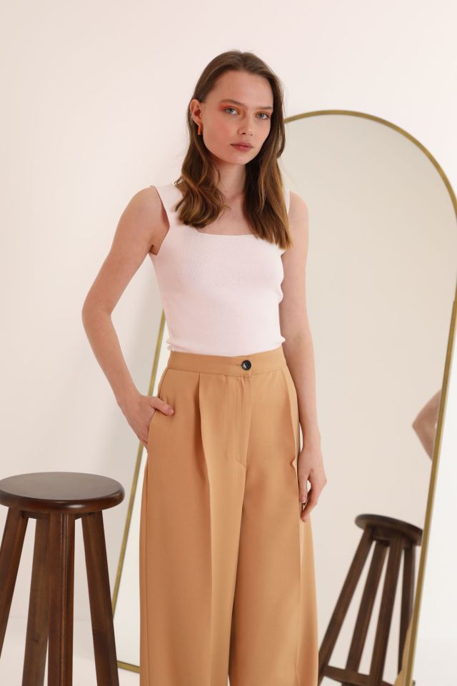 Kaktüs Triko Kumaş Kare Yaka Kadın Bluz  - Beyaz