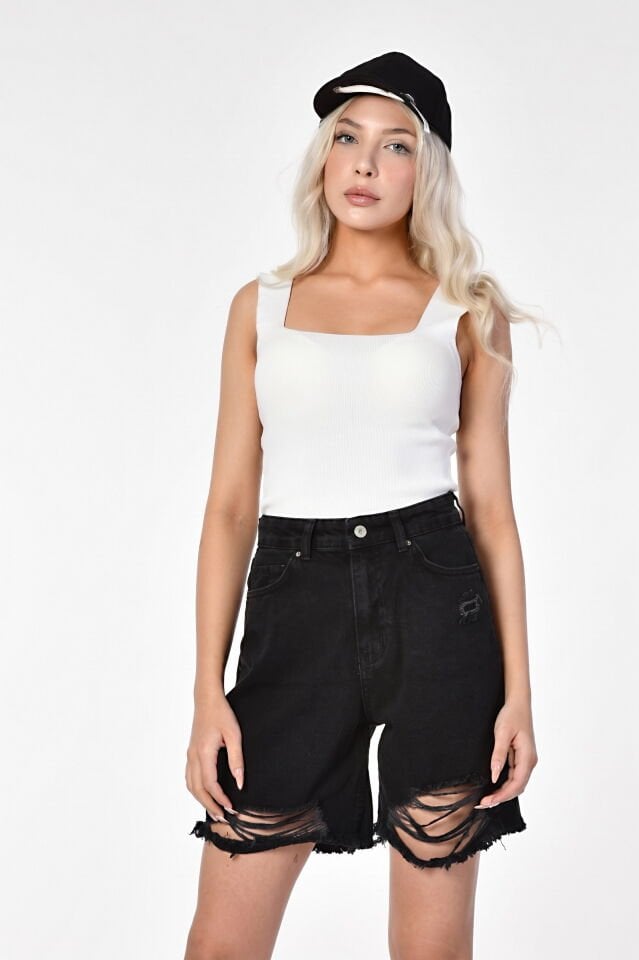 Kaktüs Triko Kumaş Kare Yaka Kadın Bluz  - Beyaz