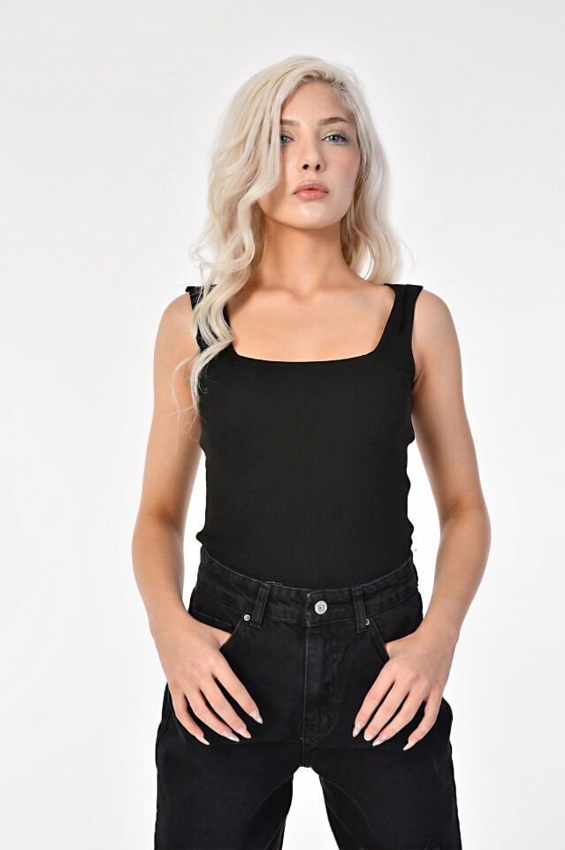 Kaktüs Triko Kumaş Kare Yaka Kadın Bluz  - Siyah