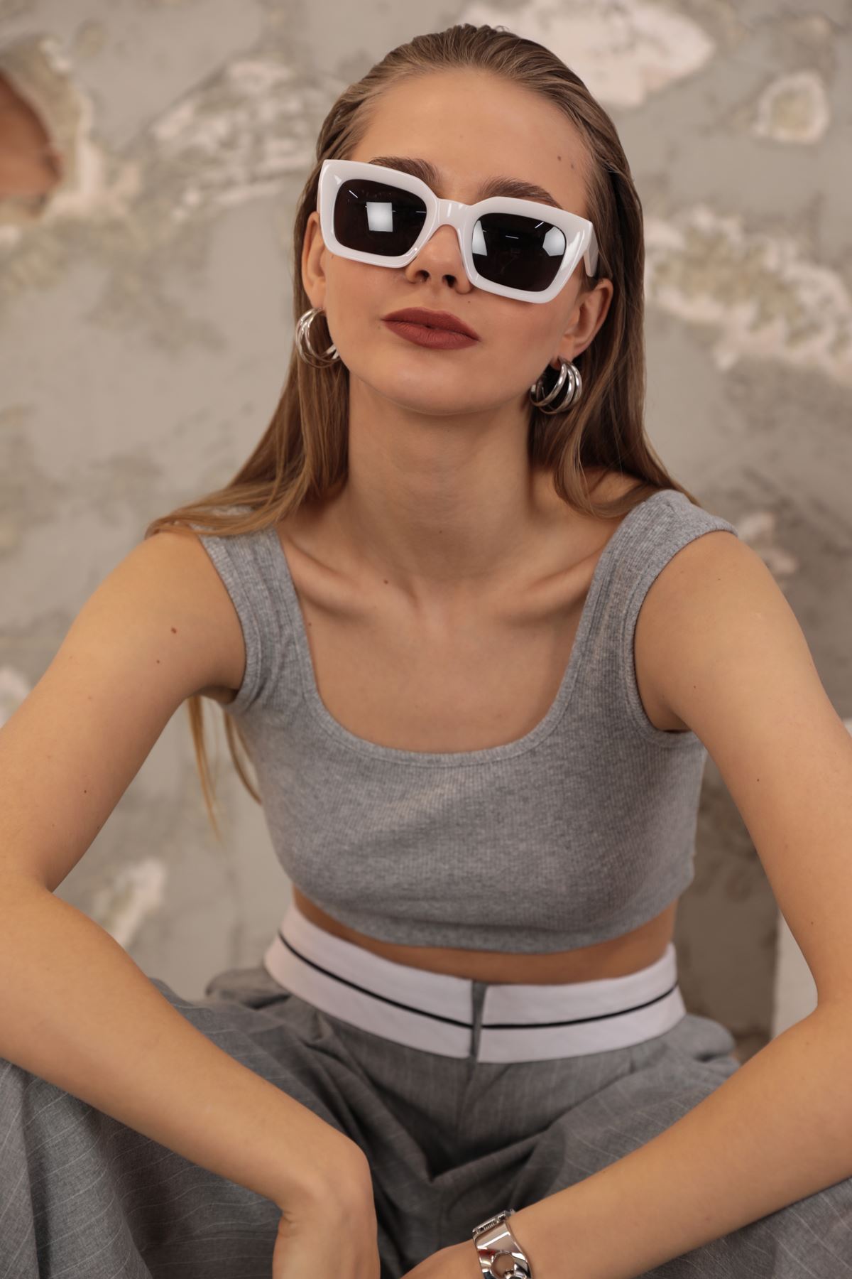 Kaktüs Kaşkorse Kumaş Askılı Crop  - Gri Gri - Standart