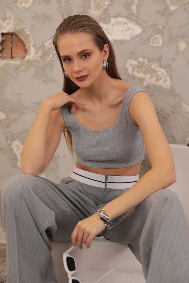 Kaktüs Kaşkorse Kumaş Askılı Crop  - Gri Gri - Standart