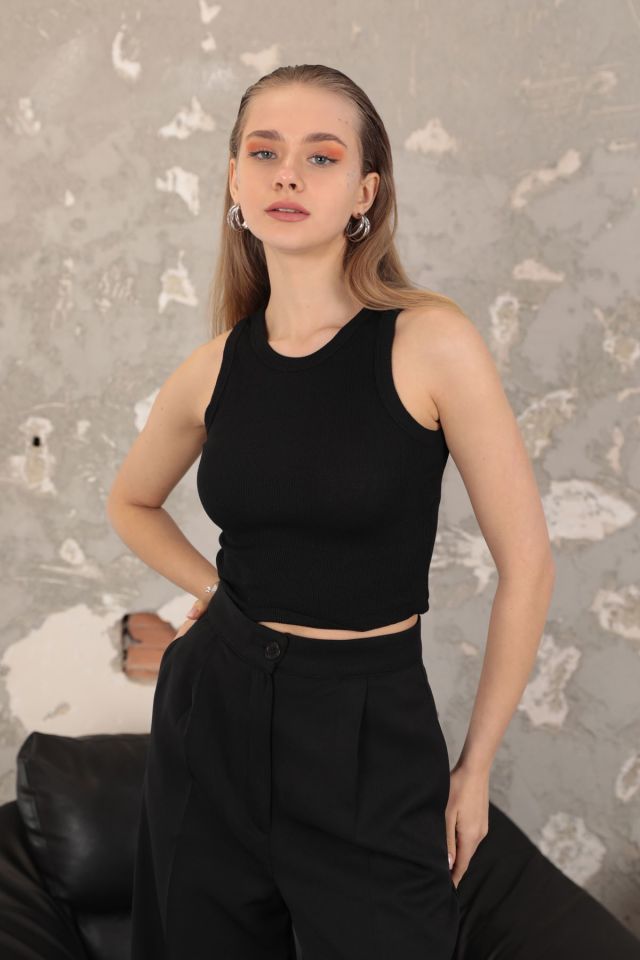 Kaktüs Kaşkorse Kumaş Bisiklet Yaka Kadın Crop Atlet  - Siyah Siyah - Standart