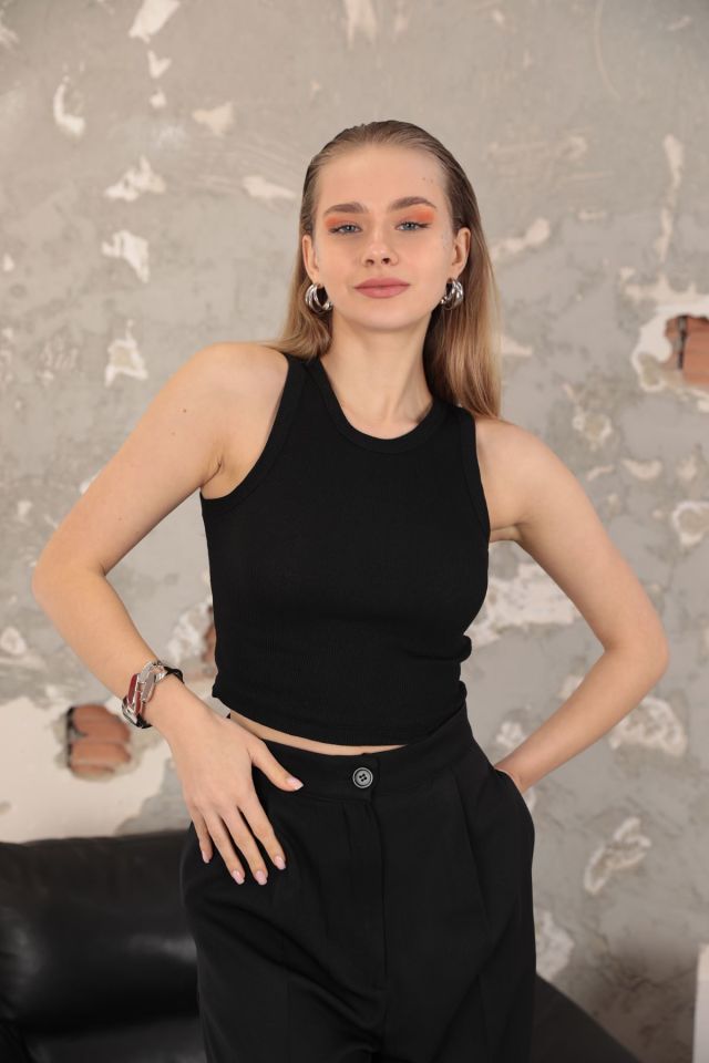 Kaktüs Kaşkorse Kumaş Bisiklet Yaka Kadın Crop Atlet  - Siyah Siyah - Standart