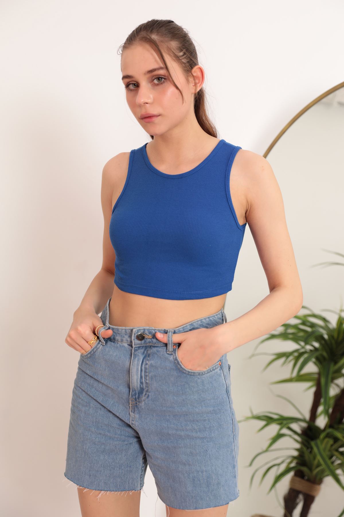 Kaktüs Kaşkorse Kumaş Halter Yaka Kolsuz Kadın Crop Bluz  - Saks Mavisi Saks Mavisi - Standart