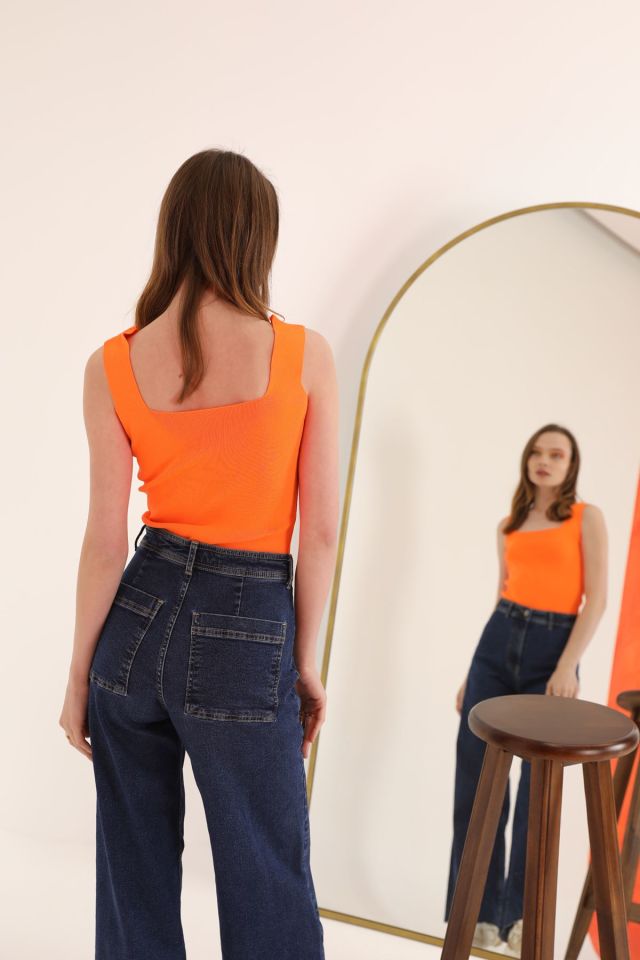 Kaktüs Triko Kumaş Kare Yaka Kadın Crop  - Oranj ORANJ - Standart