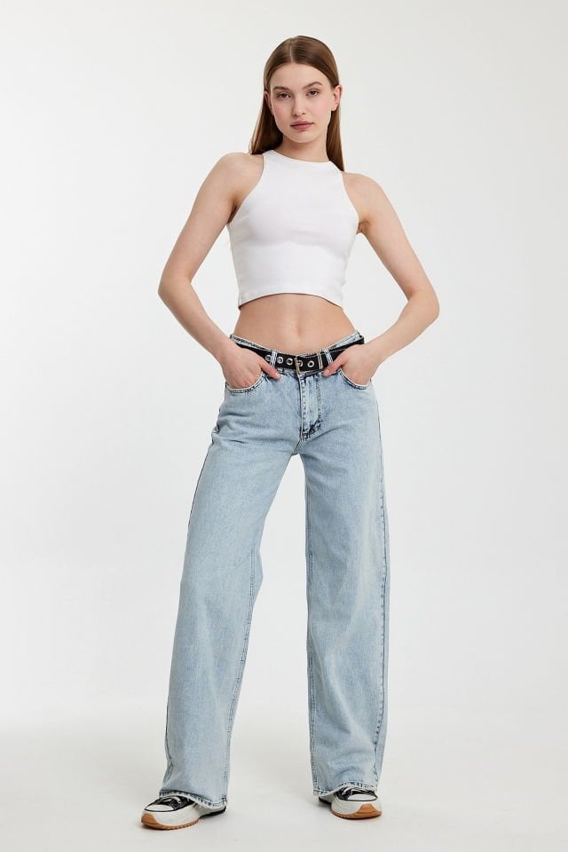 WhatsUp Geniş Paça Düşük Bel Kadın Jean Pantolon  - Denim