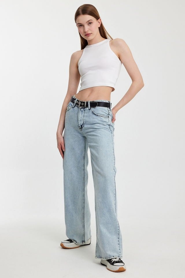 WhatsUp Geniş Paça Düşük Bel Kadın Jean Pantolon  - Denim