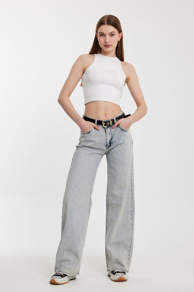 WhatsUp Geniş Paça Düşük Bel Kadın Jean Pantolon  - Mavi