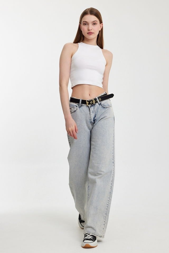 WhatsUp Geniş Paça Düşük Bel Kadın Jean Pantolon  - Mavi