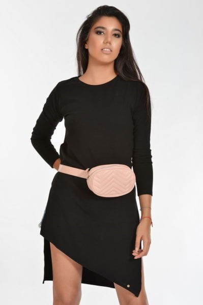 Fermuarlı Zigzag Dikişli Deri Kadın Bel Çantası - PUDRA