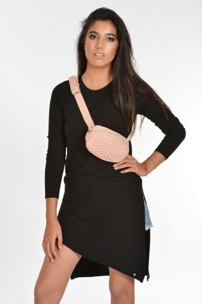 Fermuarlı Zigzag Dikişli Deri Kadın Bel Çantası - PUDRA