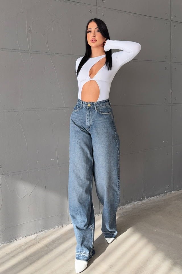 WhatsUp Geniş Paça Yüksek Bel Kadın Skater Jean Pantolon  - Mavi