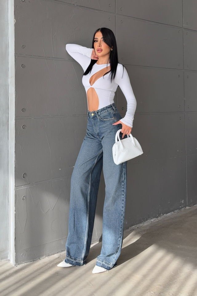 WhatsUp Geniş Paça Yüksek Bel Kadın Skater Jean Pantolon  - Mavi