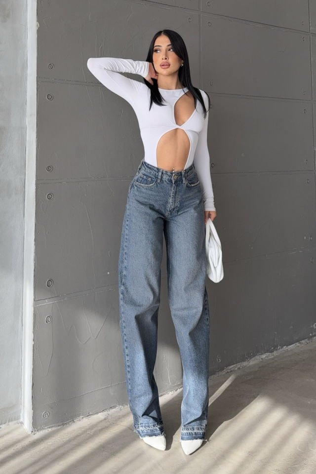 WhatsUp Geniş Paça Yüksek Bel Kadın Skater Jean Pantolon  - Mavi