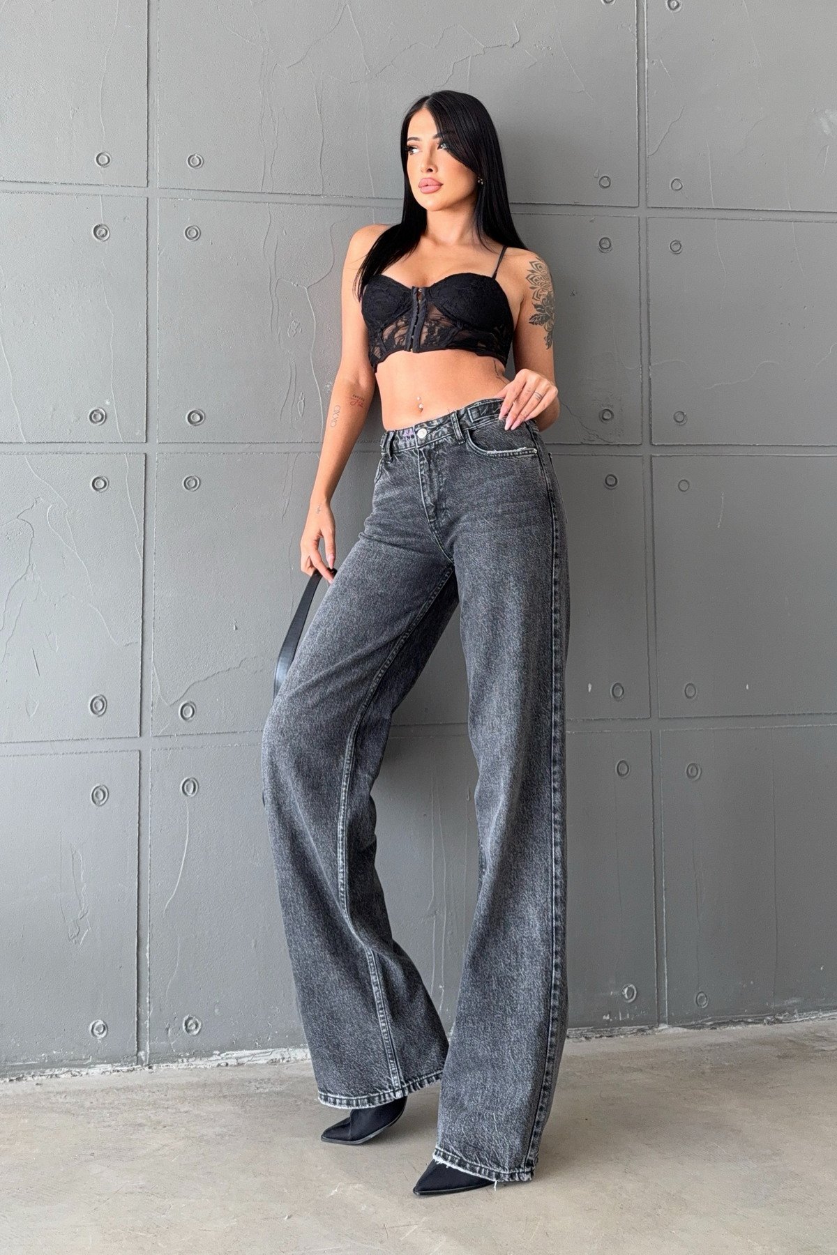 WhatsUp Geniş Paça Düşük Bel Kadın Jean Pantolon  - Antrasit