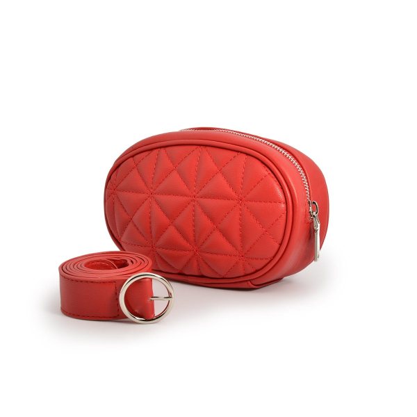 Fermuarlı Baklava Dikişli Deri Kadın Bel Çantası - KIRMIZI