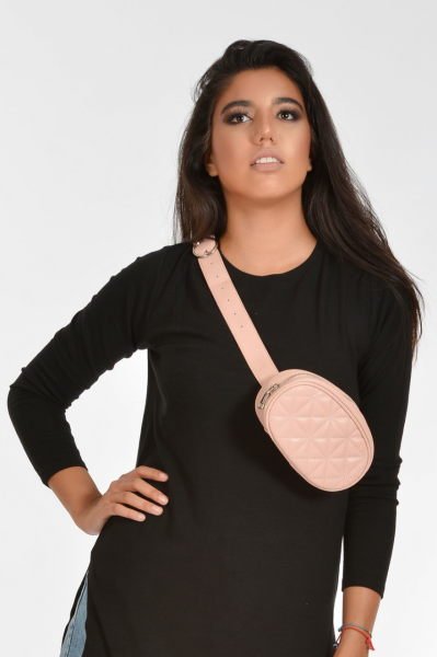 Fermuarlı Baklava Dikişli Deri Kadın Bel Çantası - PEMBE