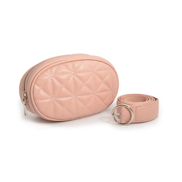 Fermuarlı Baklava Dikişli Deri Kadın Bel Çantası - PEMBE