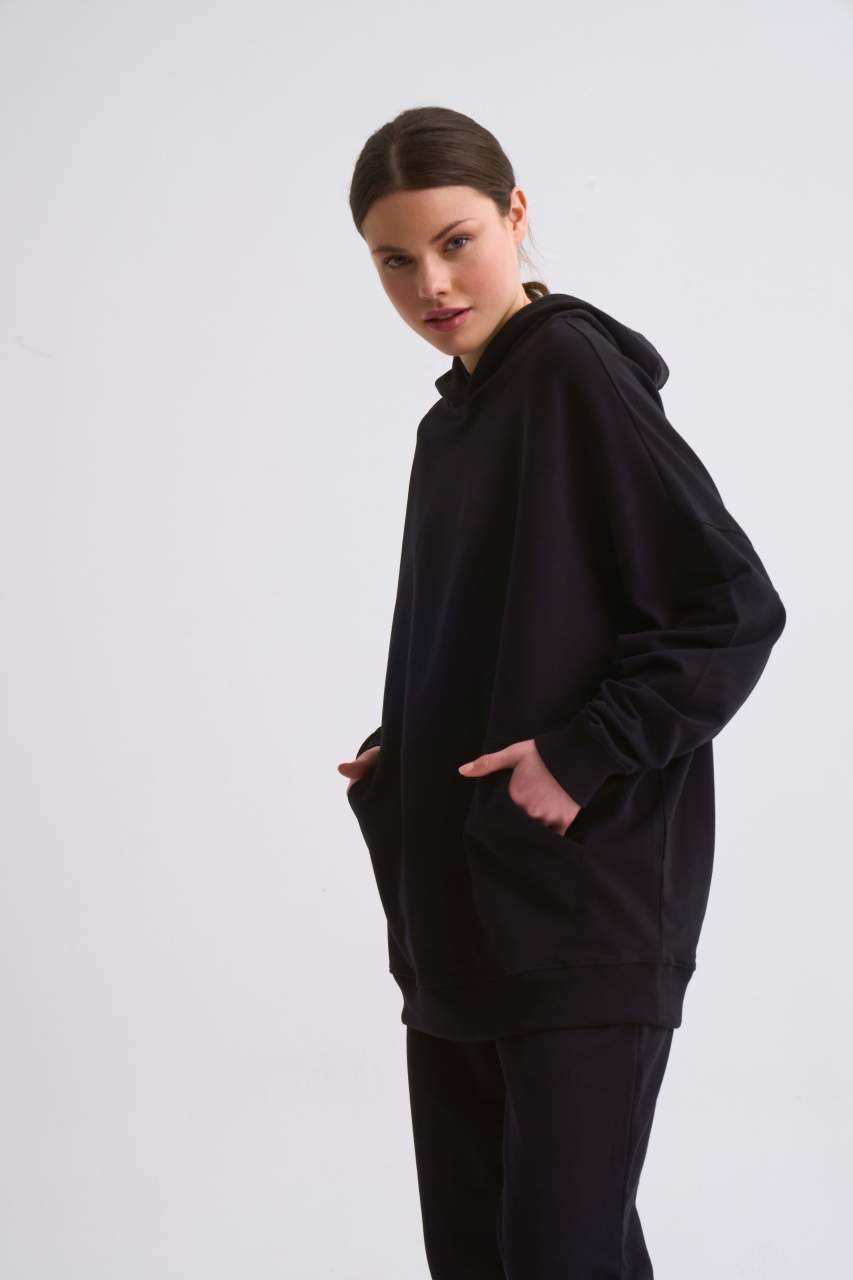 Organik Kapüşonlu Cepli Uzun Kollu Kadın Sweatshirt - Siyah Siyah - M