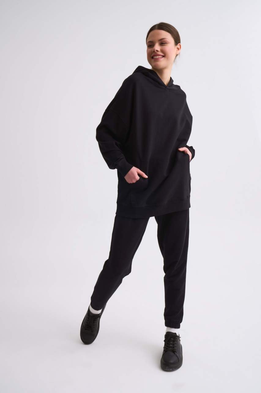 Organik Kapüşonlu Cepli Uzun Kollu Kadın Sweatshirt - Siyah Siyah - S