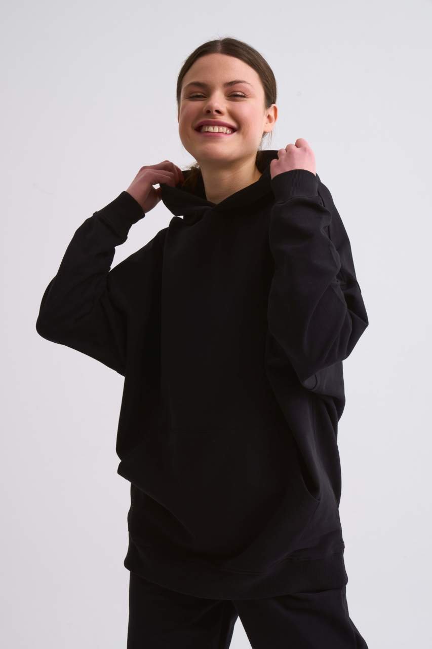 Organik Kapüşonlu Cepli Uzun Kollu Kadın Sweatshirt - Siyah Siyah - S