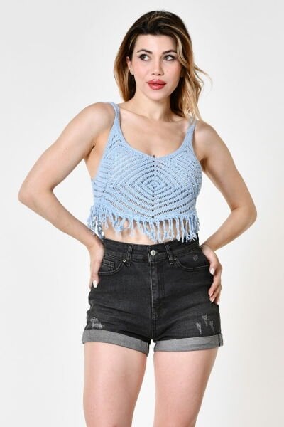 Top Secret Püsküllü Ajurlu Crop Triko Bluz  - Bebe Mavisi