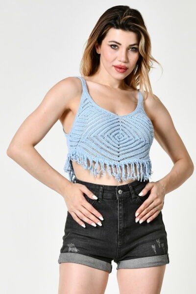 Top Secret Püsküllü Ajurlu Crop Triko Bluz  - Bebe Mavisi
