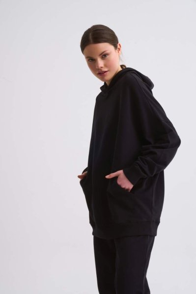 Organik Kapüşonlu Cepli Uzun Kollu Kadın Sweatshirt - Siyah Siyah - XL