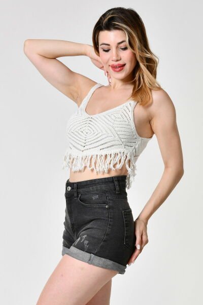 Top Secret Püsküllü Ajurlu Crop Triko Bluz  - Bej