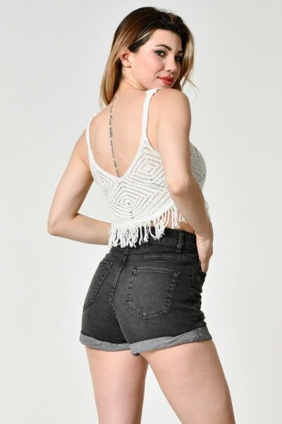 Top Secret Püsküllü Ajurlu Crop Triko Bluz  - Bej