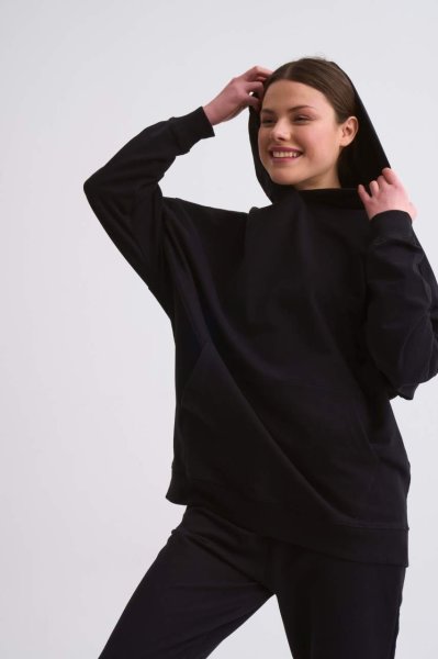 Organik Kapüşonlu Cepli Uzun Kollu Kadın Sweatshirt - Siyah Siyah - XS