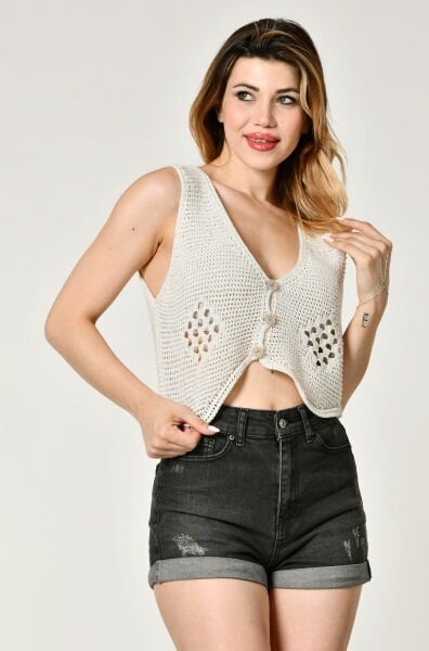 Top Secret V Yaka Ajurlu Yazlık Triko Yelek  - Naturel