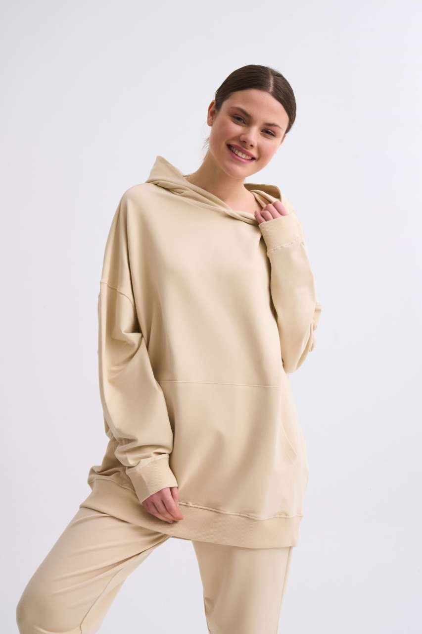 Organik Kapüşonlu Cepli Uzun Kollu Kadın Sweatshirt - Açık Bej Açık Bej - M