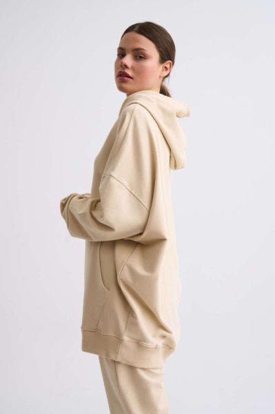 Organik Kapüşonlu Cepli Uzun Kollu Kadın Sweatshirt - Açık Bej Açık Bej - M